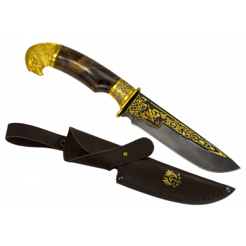 Нож "Саян" Дамаск (литье сокол) в золоте
