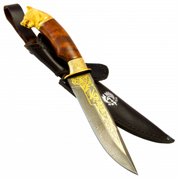 Нож "Кузюк" (литьё волк) Дамаск в золоте